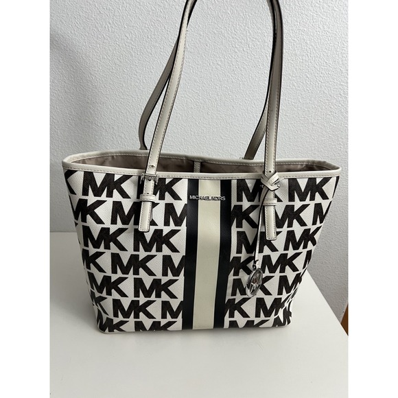 Michael Kors Handbags - Michael Kors Jet Set MD Carryall Tote‎ -Graphic MK White/Brown